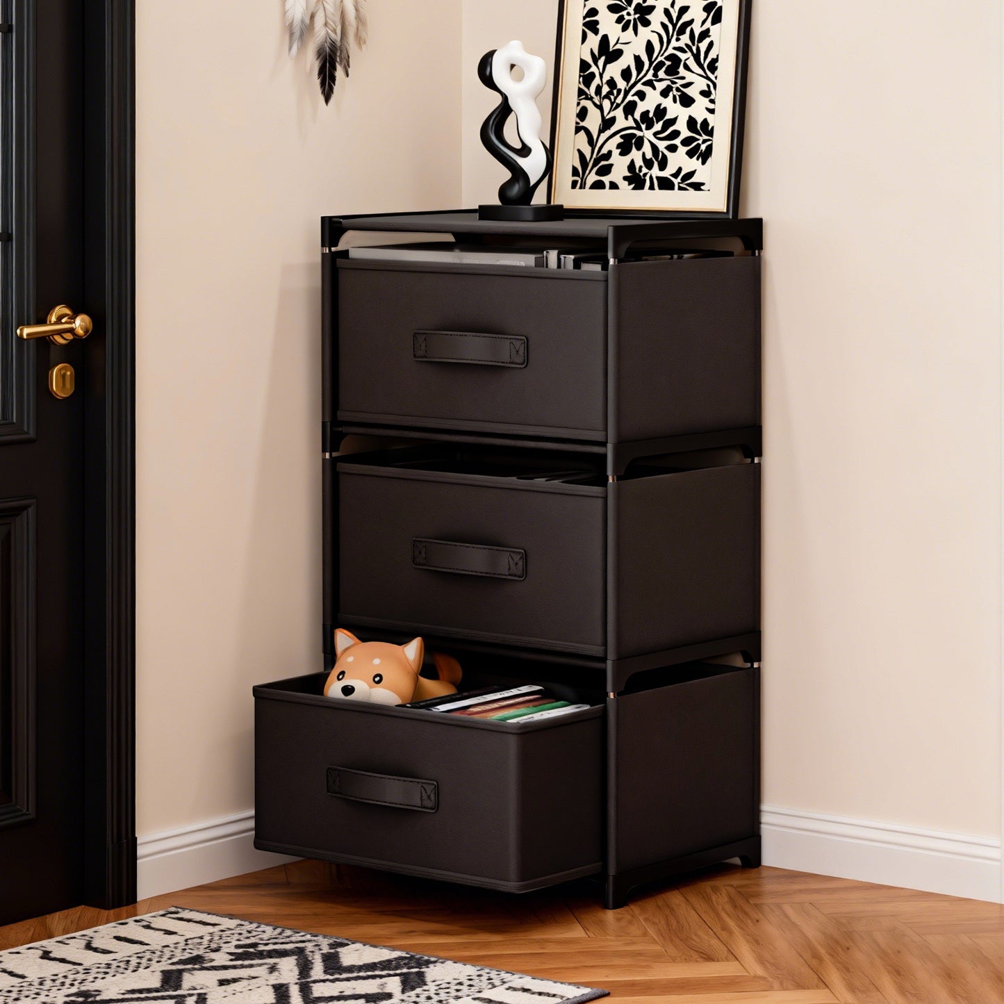 BAOKALER Fabric Dressers for Bedroom with 3 Drawers, Multifunctional Bedroom Storage Cabinet Drawers for Clothes, Small Dresser for Living Room, Hallway, Black