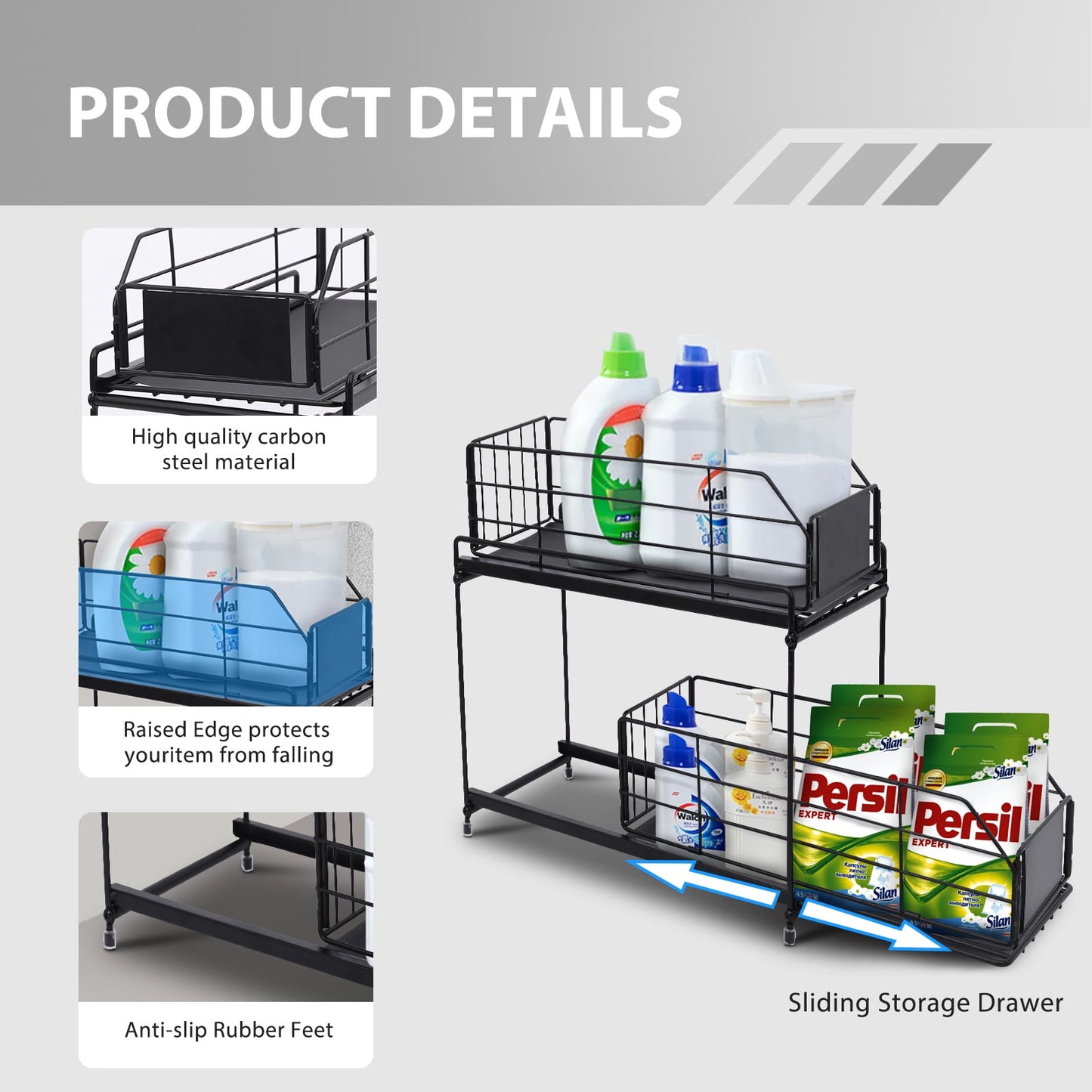 Sliding Cabinet Basket Organizer, Bathroom Organizer Under Sink Shelf, Under Kitchen Cabinet Organizer, 2 Tier Multi-purpose Under Sink Storage Rack, Black
