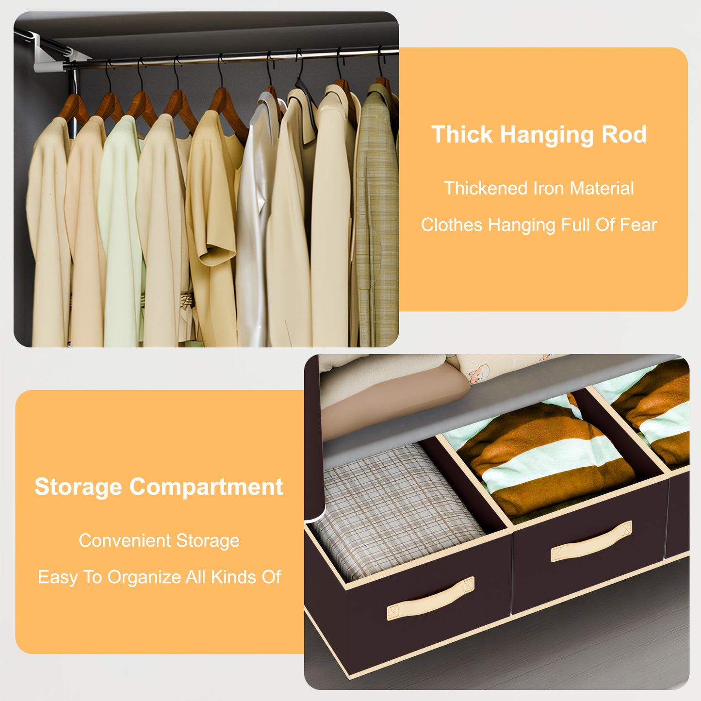 Wardrobe Closet with 3 Storage Drawers for Rentals, Dorms, Bedrooms, 67 Inches Tall hanging Closet Organizers and Storage with Hanging Space for Coats and Bags, Dark Coffee