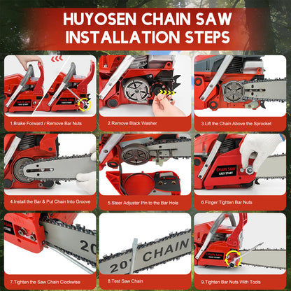 BAOKALER 20-Inch Gas Chainsaw, 10700 RPM 2-Cycle 62CC Heavy Duty Gas Chainsaw, 3.4HP Powerful Chainsaws, for Farm/Garden/Ranch/Wood Cutting