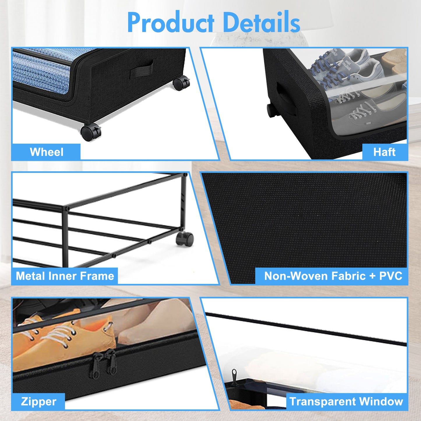 Under Bed Storage with Wheels, 2 Pack Under Bed Storage Containers, Under Bed Shoe Storage Organizer, Rolling Under Bed Metal Drawer for Clothes, Black