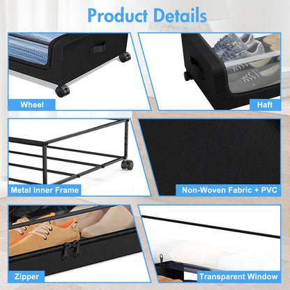 Under Bed Storage with Wheels, 2 Pack Under Bed Storage Containers, Under Bed Shoe Storage Organizer, Rolling Under Bed Metal Drawer for Clothes, Black