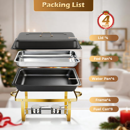 CATGOOD 9QT Black Gold Chafing Dishes for Buffet 4 Pack, Chafing Dish Buffet Set, Stainless Steel Buffet Warmer with Corrosion-Resistant Build, Food Warmers for Parties, Buffet Servers