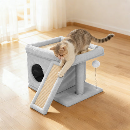 Cat Tree Tower with Perch Bed and Washable Top, Cat Tree with Sisal Scratching Posts, Condos, Plush Perches, Hanging Cat Toys, Extended Platform for Cats to Play and Sleep, Gray