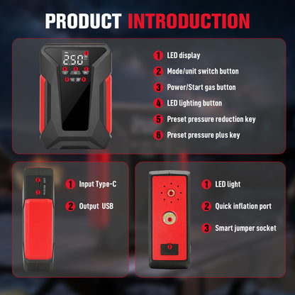 5 in 1 12V Car Jump Starter with Air Compressor, 1200A Peak Portable Jump Pack, 150PSI Digital Tire Inflator, 6000mAh Power Bank with LED Light for Cars Trucks SUVs