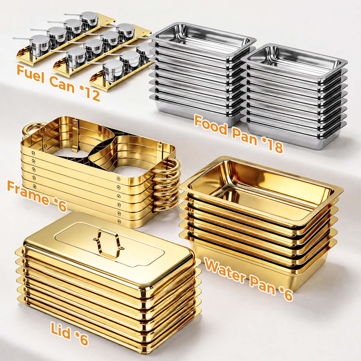 Gold Chafing Dishes 6 Pack, 9QT Rectangular Chafing Dish Buffet Set, Chafing Dishes for Buffet with Foldable Frame, Chafers and Buffet Warmers Sets for Catering Events, Parties, Weddings