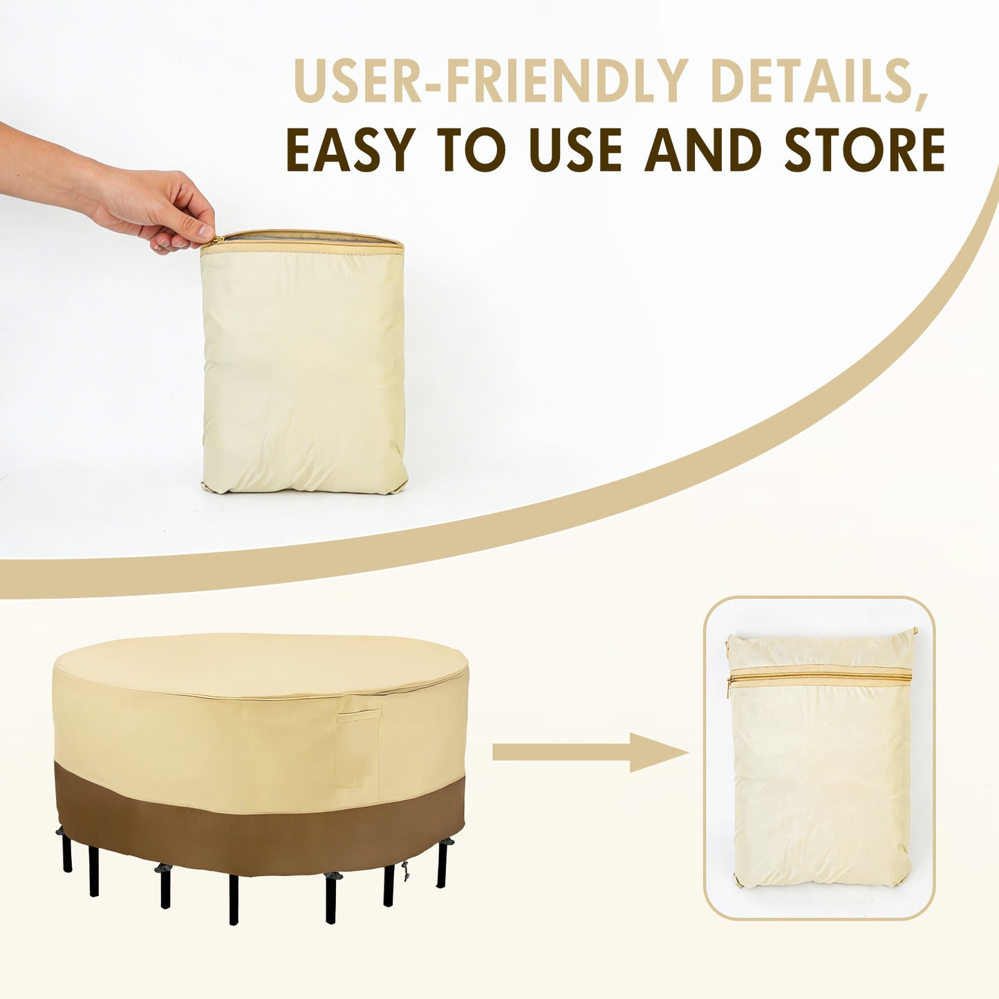Round Patio Furniture Covers, 84" Dia Outdoor Furniture Covers, Waterproof Outdoor Table Cover, Fire Pit Cover, 420D Cover for Outdoor Furniture Set, Beige&Brown