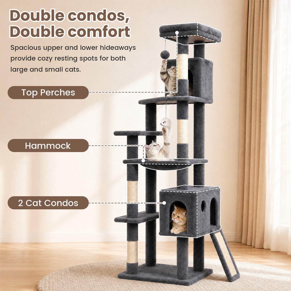70" Cat Tree Tower, Heavy Duty Cat Tower for Multiple Adult Cats, Multi-Level Tall Cat Tree with 2 Condos, Hammock and Scratching Post for Indoor Kitties, Dark Grey