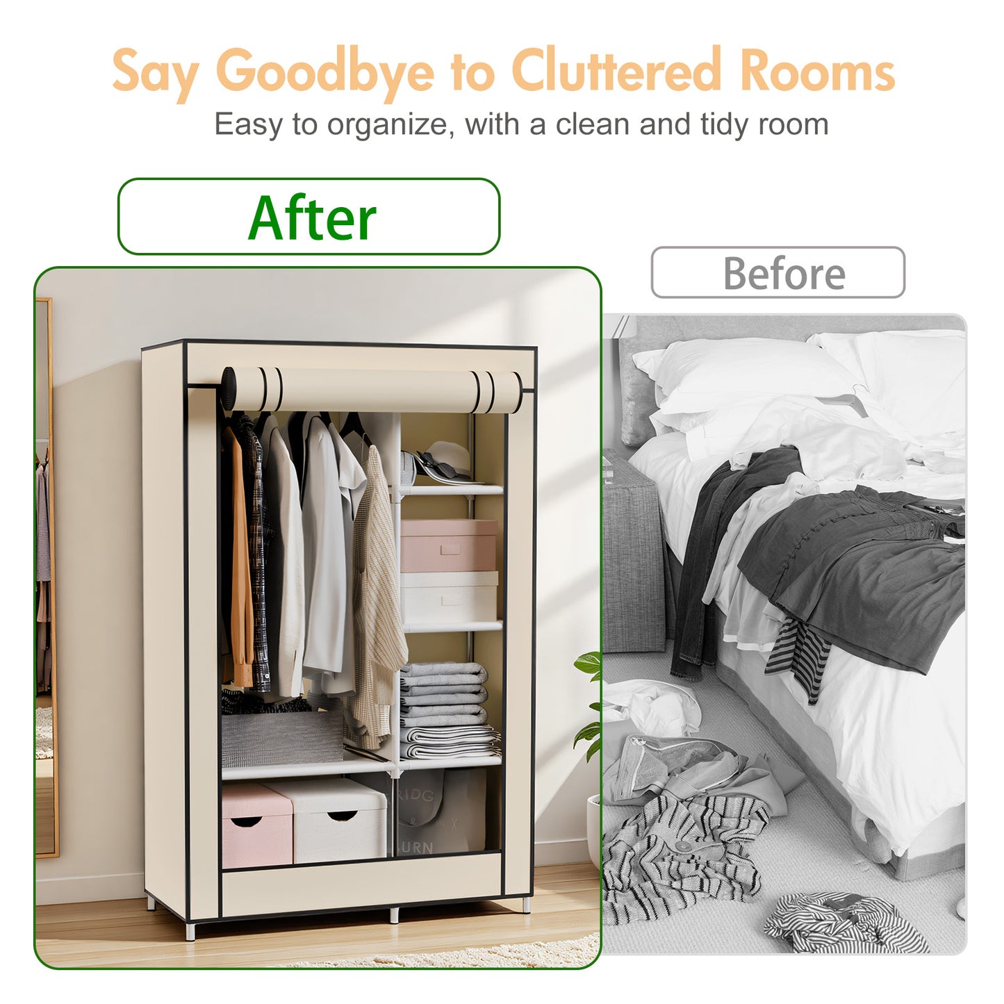 BAOKALER Wardrobe Closet Storage, Hanging Closet organizer, Clothes Rack with Cover, Tool-Free Assembly Clothes Storage for Home Bedroom Living Room, Beige