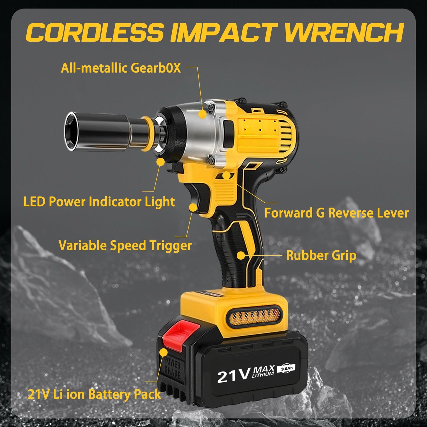CATGOOD 20V Cordless Impact Wrench with 2 Batteries, 1/2" Brushless Impact Drill, Max Torque 280 ft lbs (380N.m), 30 Pcs Tool Set for Home, Yellow
