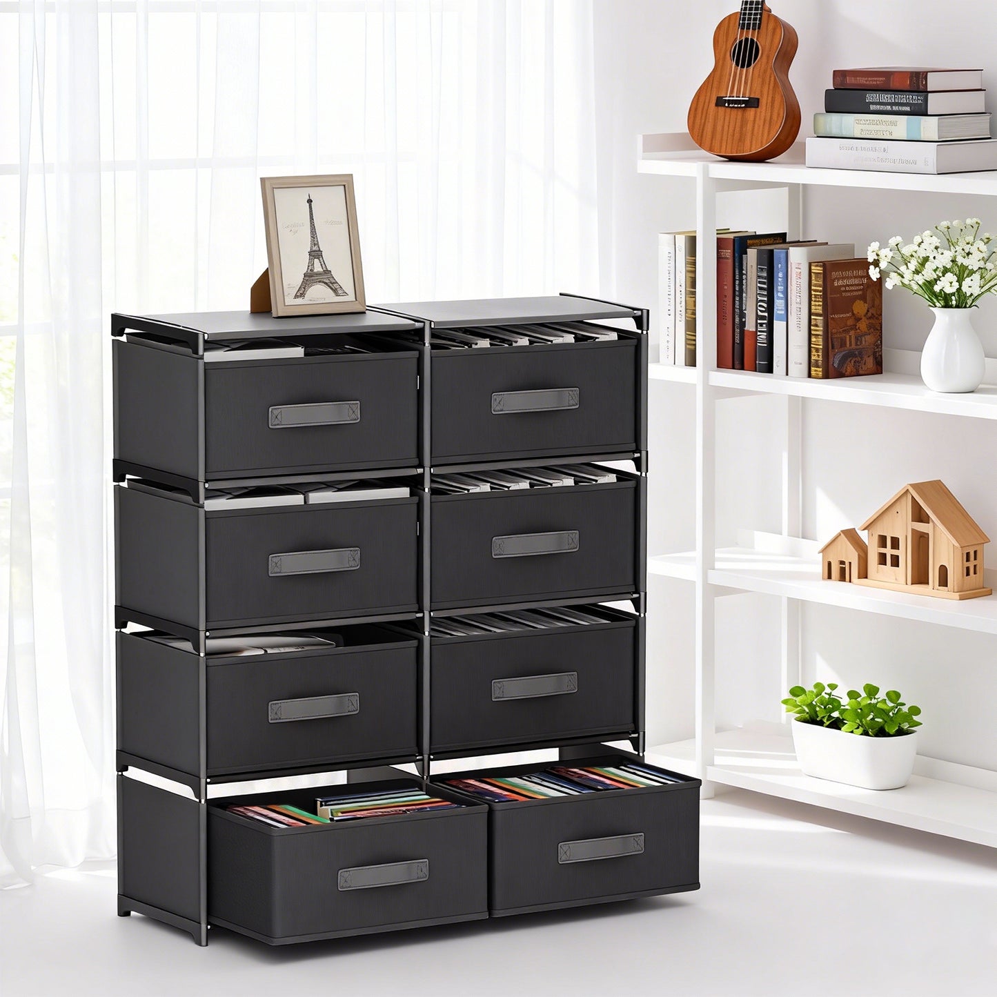 BAOKALER Double Row Non-Woven Fabric Dresser with 4 Drawers, Clothes Drawer Dresser for Bedroom, Hallway, Entryway, Closets, Sturdy Steel Frame, Wood Top, Black