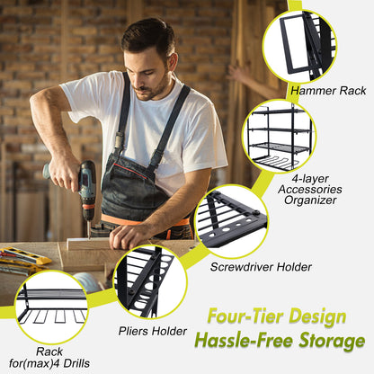ALSO GO 4 Layers Power Tool Organizer, Heavy Duty Metal Tool Storage Rack, Drill Holder Wall Mount, Battery Tools Holder Shelf, Utility Tool Shelves for Workshop or Garage, Black