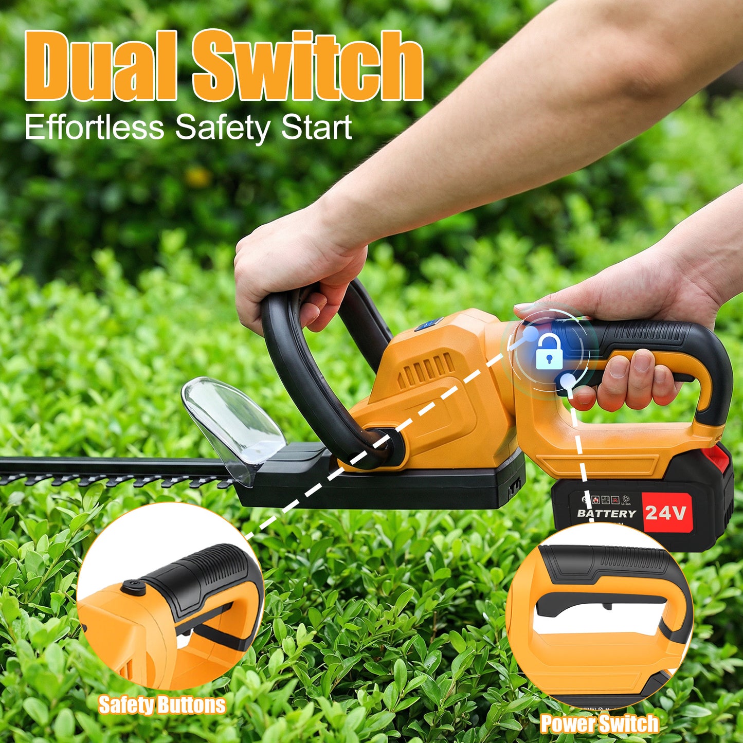 22" Cordless Hedge Trimmer with 180～ Rotatable Head, 21V Electric Bush Trimmer with 2 x 4000mAh Batteries, 1000W 24000r/min Motor, 67Mn Steel Blade for Garden Yard, Yellow