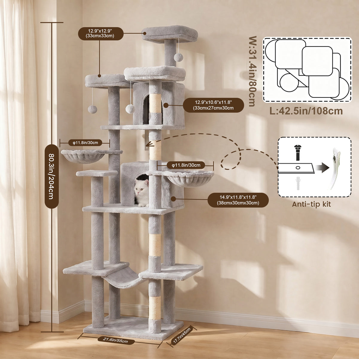 80" Cat Tree, Big Cat Tower for Multiple Adult Cats, Multi-Level Tall Cat Tree with 3 Platforms, 2 Condos, 2 Hanging Basket, Hammock and Scratching Frame for Indoor Kitties, Light Gray