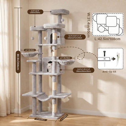80" Cat Tree, Big Cat Tower for Multiple Adult Cats, Multi-Level Tall Cat Tree with 3 Platforms, 2 Condos, 2 Hanging Basket, Hammock and Scratching Frame for Indoor Kitties, Light Gray