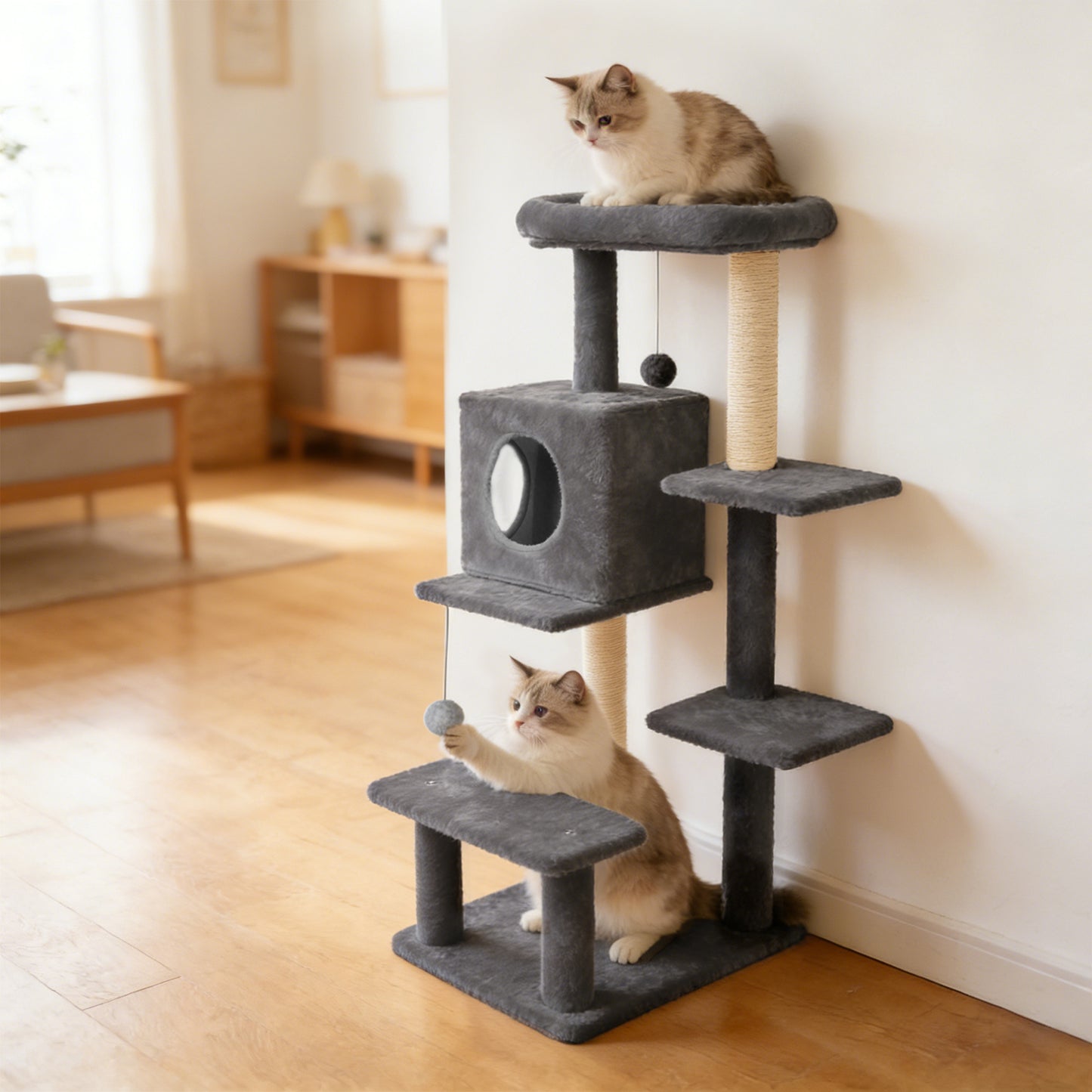 Sturdy 40-inch Cat Tree Tower with Cat Cave & Ramp Steps - Multi-Level Play & Sleep Center for Large Indoor Cats, Dark Gray