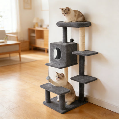 Sturdy 40-inch Cat Tree Tower with Cat Cave & Ramp Steps - Multi-Level Play & Sleep Center for Large Indoor Cats, Dark Gray