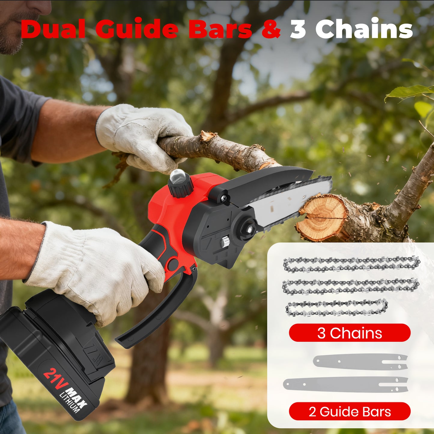Mini Chainsaw Cordless, 6 inch & 4 inch Portable Electric Chainsaw with 2 Rechargeable Batteries and 3 Chains, for Tree Trimming Wood Cutting, Best Gifts for Father, Dad, Husband, Men, Red