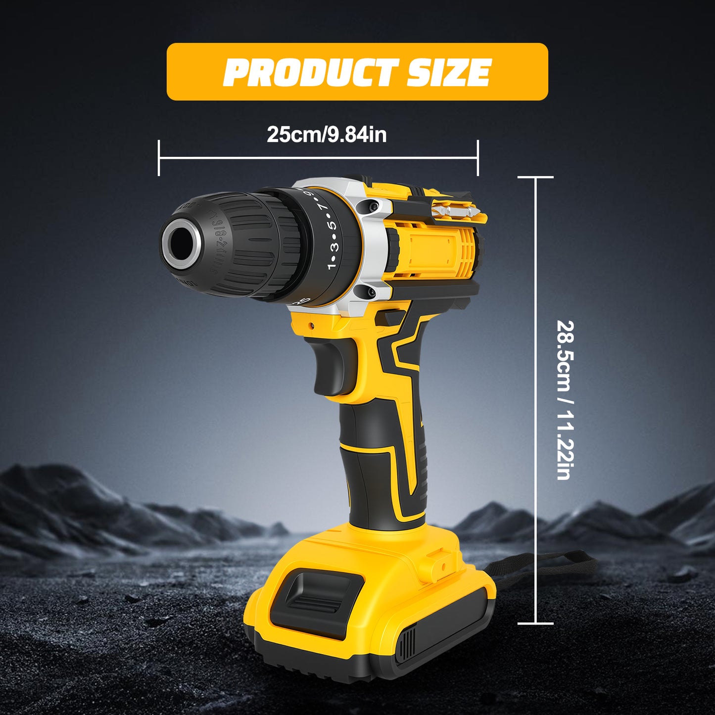 21V Cordless Drill Set, Electric Power Drill 50Nm with 3/8 Inch Keyless Chuck, 25+1 Clutch Compact Driver Drill with Work Light, Dual-Speed Power & 2 Battery and Fast Charger