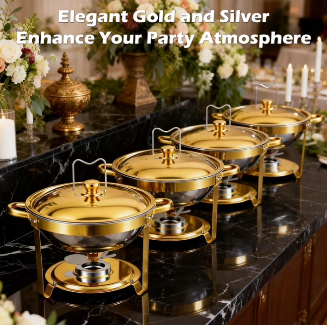 Round Half-Gold Plated Stainless Steel Chafing Dish with Stainless Steel Lid, Buffet Warmer Set, 6-Pack, for Home Gatherings, Christmas Parties, Catering Events
