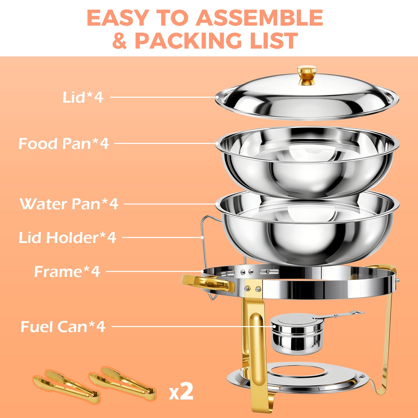 Chafing Dish Buffet Set with 2 Food Tongs,5.3 QT Stainless Steel Chafing Dishes Round Buffet Food Warmer Chafers Set for Parties Catering Event, Lid Holder 2PCS