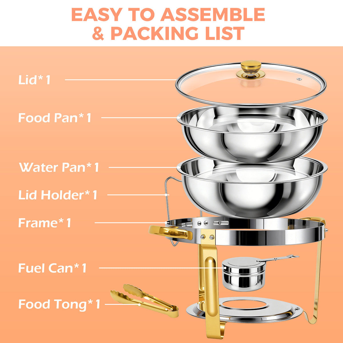 BAOKALER Chafing Dish for Buffet 1 Pack, 5.3QT Round Chafing Dish Buffet Set for Parties, Gold Stainless Steel Buffet Server and Warmer with 1 Serving Tong