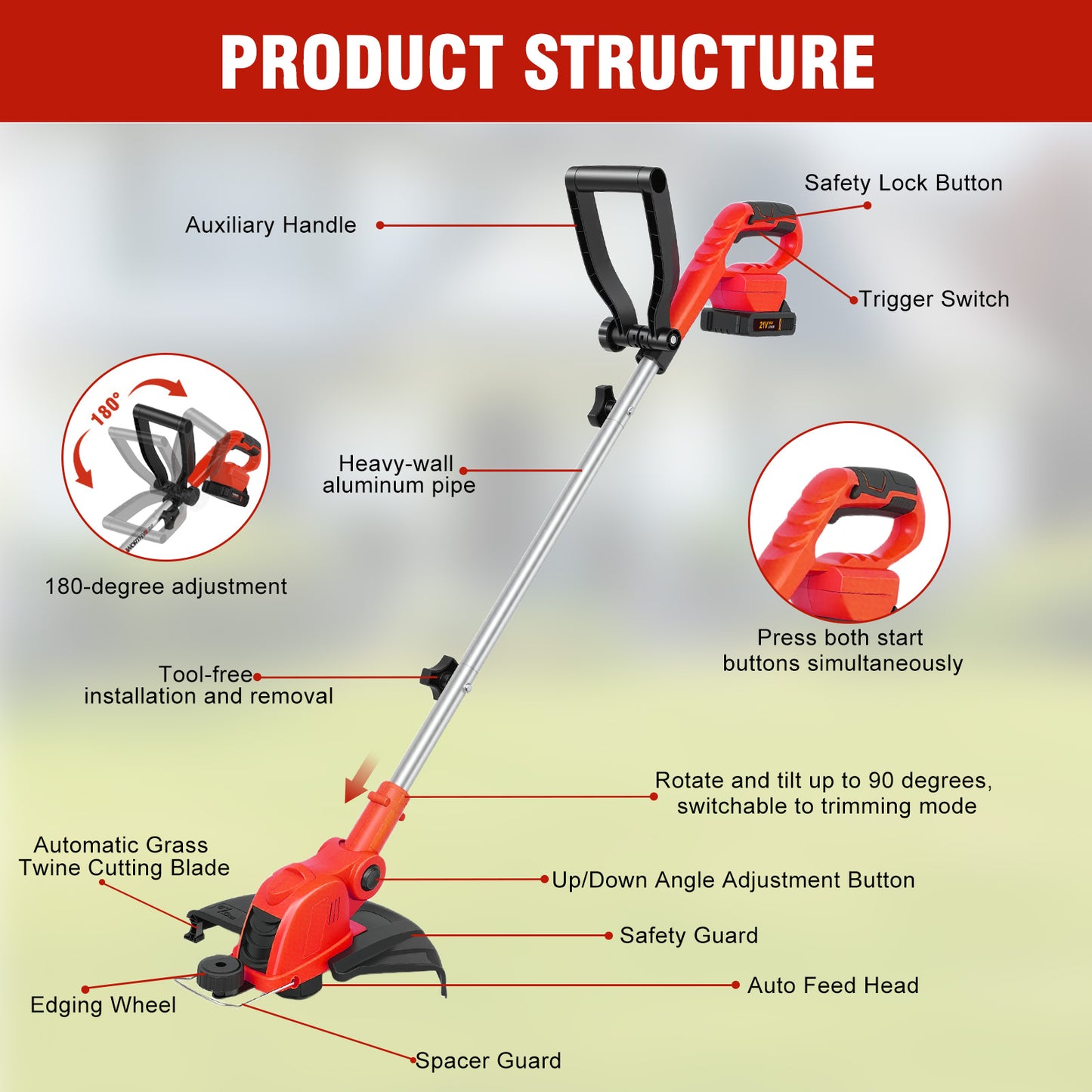 CATGOOD 2AH String Trimmer and Lawn Edger 2 in 1, 12" Cordless Weed Eater with Auto Line Feed, 10 Lines and 2 Batteries Contained, Red