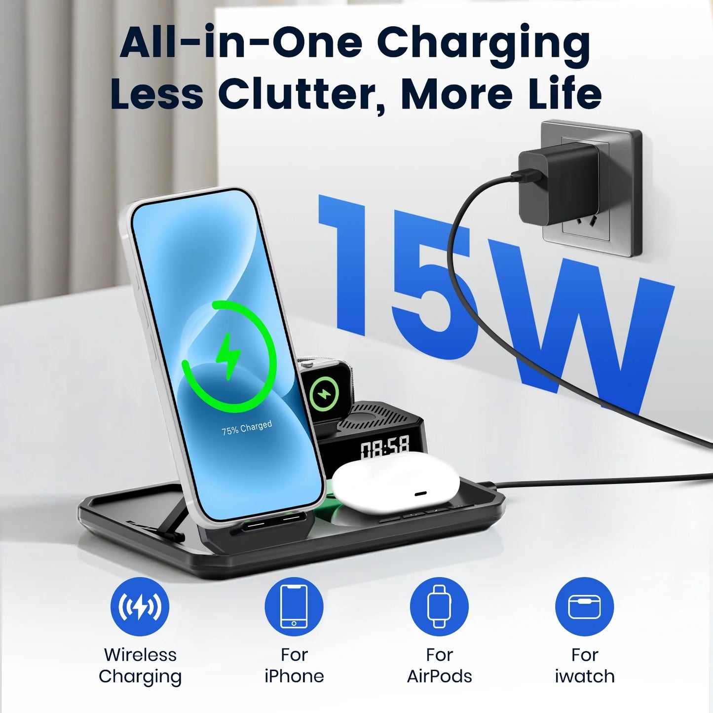 Magnetic Wireless Charger for iPhone,6in1 Portable Charger Phone Charging Station for iPhone 17 16 15 14 13 12 11 Pro Max Apple Watch AirPods,Maggsafe Charger Stand,Black