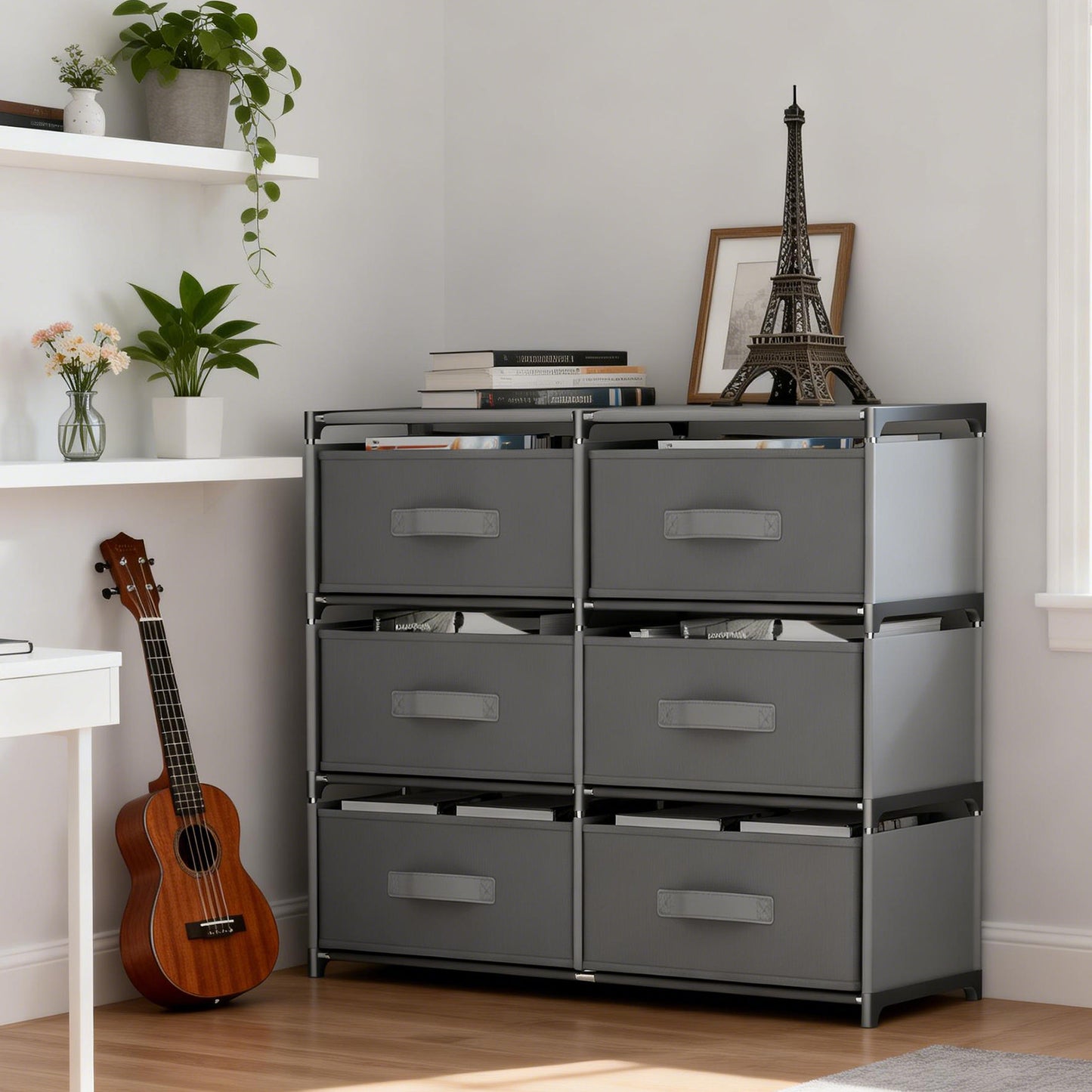BAOKALER Clothes Drawer Dresser with 6 Drawers, Double Row Non-Woven Fabric Dresser for Bedroom, Hallway, Entryway, Closets, Sturdy Steel Frame, Wood Top, Gray