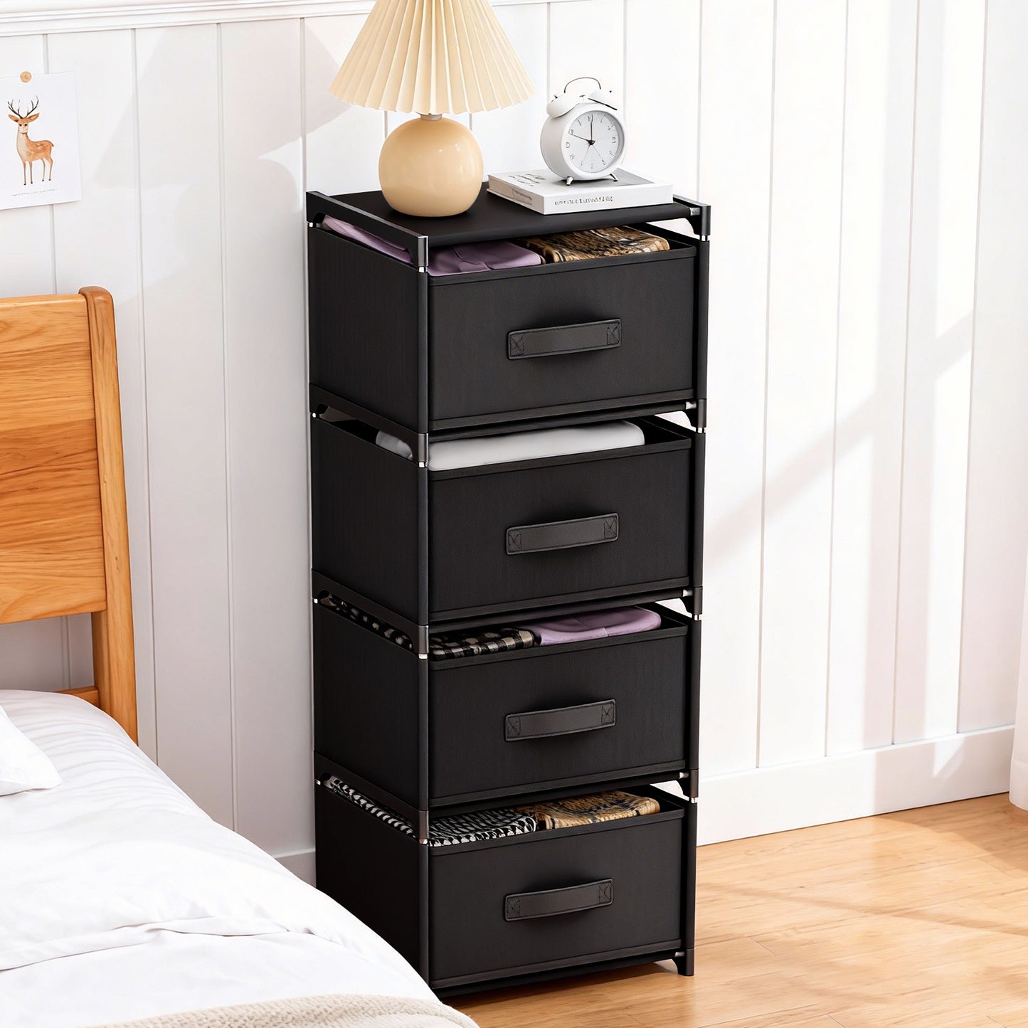 CATGOOD Fabric Dressers for Bedroom with 4 Drawers, Multifunctional Bedroom Storage Cabinet Drawers for Clothes, Small Dresser for Living Room, Hallway, Black