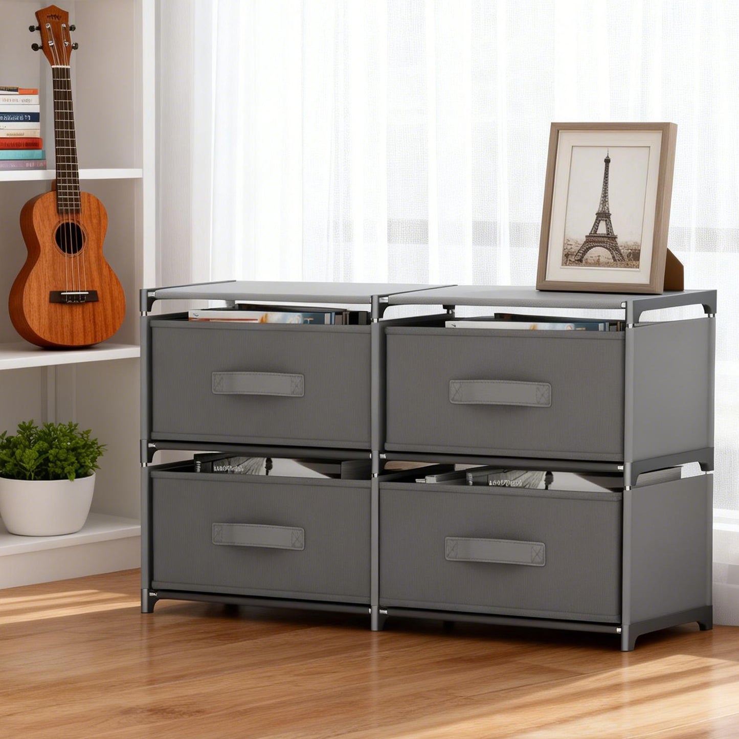 BAOKALER Clothes Drawer Dresser with 4 Drawers, Double Row Non-Woven Fabric Dresser for Bedroom, Hallway, Entryway, Closets, Sturdy Steel Frame, Wood Top, Gray