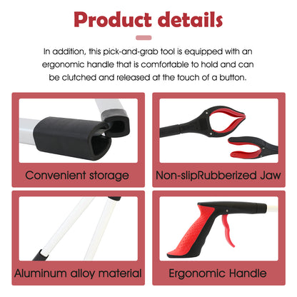 2Pcs 32'' Grabber Reacher Tool, Foldable Grabber Reaching Tool, Lightweight Trash Picker Upper Tool for Elderly with Anti-Slip Rotating Rubber Gripper,Red