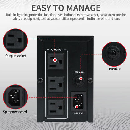 CATGOOD Backup UPS Power Supply 1000VA 600W Battery Backup Power with 3 Outlets and LCD Display, Suitable for Home and Office
