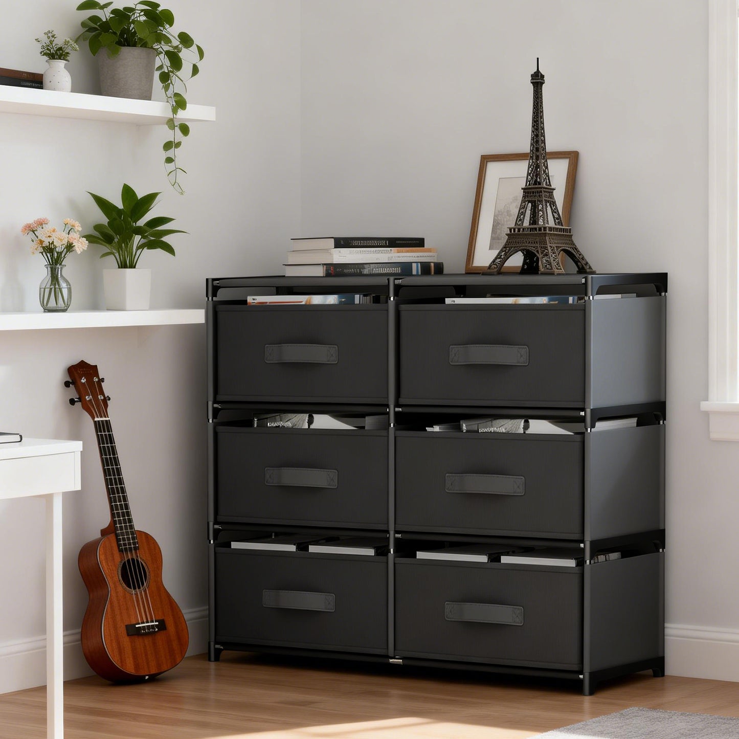 BAOKALER Double Row Non-Woven Fabric Dresser with 6 Drawers, Clothes Drawer Dresser for Bedroom, Hallway, Entryway, Closets, Sturdy Steel Frame, Wood Top, Black
