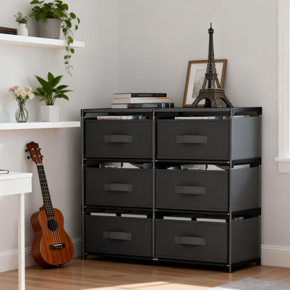 BAOKALER Double Row Non-Woven Fabric Dresser with 6 Drawers, Clothes Drawer Dresser for Bedroom, Hallway, Entryway, Closets, Sturdy Steel Frame, Wood Top, Black