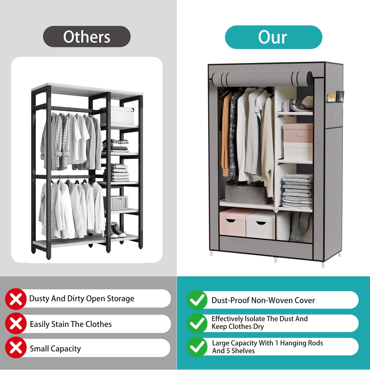 BAOKALER Portable Closet Clothes Garment Rack, Wardrobe Organizer with 6 Shelves & 1 Hanging Rod, 4 Side Pockets for Bedroom, Living Room, Cloakroom, Dorm, Apartment, Gray