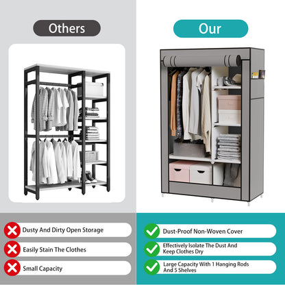 BAOKALER Portable Closet Clothes Garment Rack, Wardrobe Organizer with 6 Shelves & 1 Hanging Rod, 4 Side Pockets for Bedroom, Living Room, Cloakroom, Dorm, Apartment, Gray