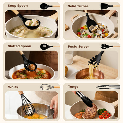 Silicone Cooking Utensils Set, Kitchen Utensils Set 38 Pcs for Cooking, Nonstick Kitchen Utensils Cookware Set Spatula Set, Black