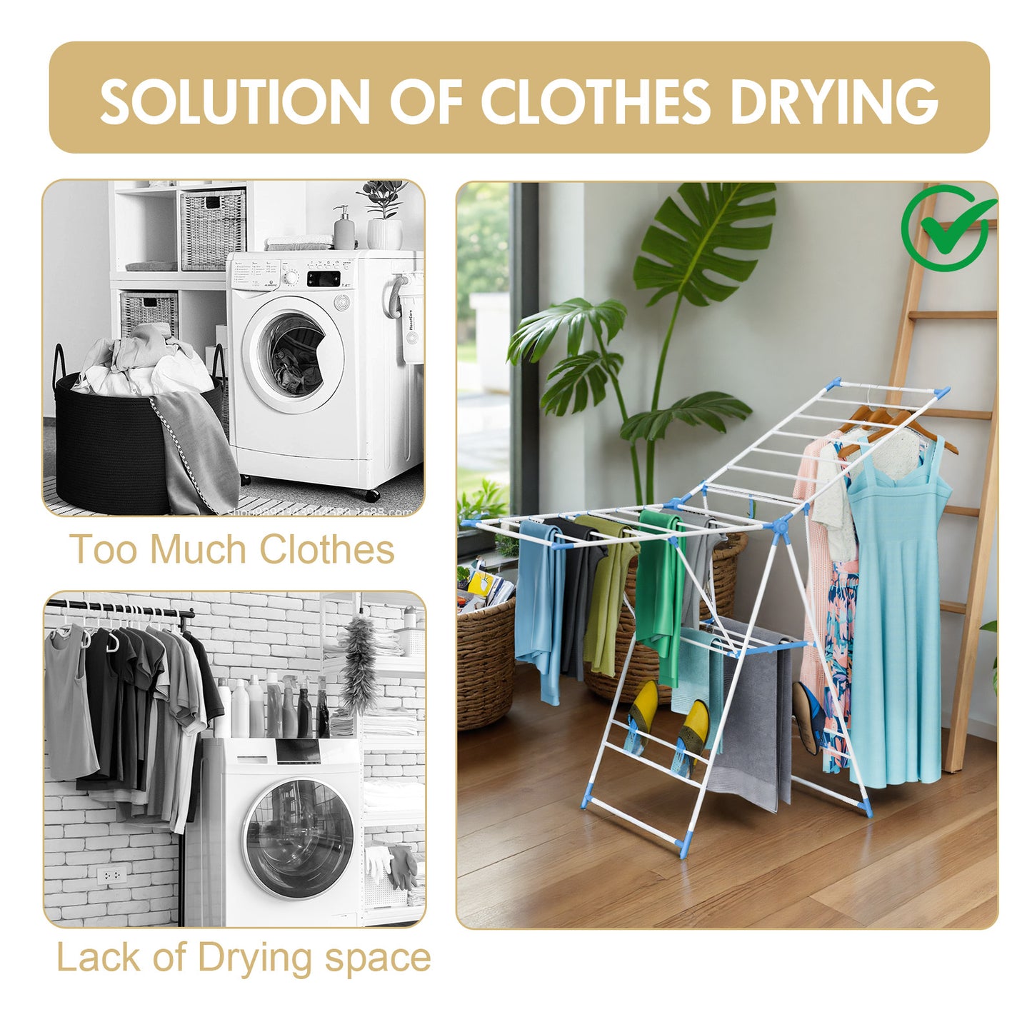 Clothes Drying Rack, 2 Level Foldable Laundry Rack, Rustproof Laundry Clothing Drying Hanger with Height-Adjustable Wings, Space Saving Clothes Garment Dryer, Blue