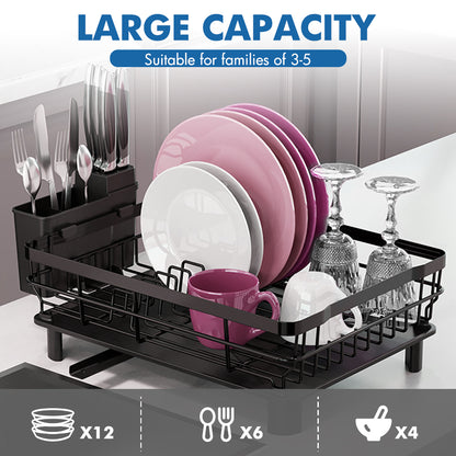 Dish Rack Dish Drainers for Kitchen Counter, 16.9''L x 13''W x 5.9''H Dish Rack with Drain , Dish Drying Rack Drain with Utensil Holder, Cup Holder, Kitchen Dishes Storage and Organizers
