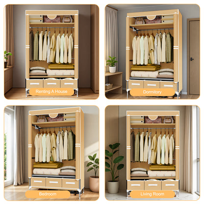 Non-Woven Fabric Closet Organizer for Coats and Bags, Portable Wardrobe Closet Includes 3 Storage Drawers for Home Bedroom, Sturdy & Easy to Assemble, Light Coffee