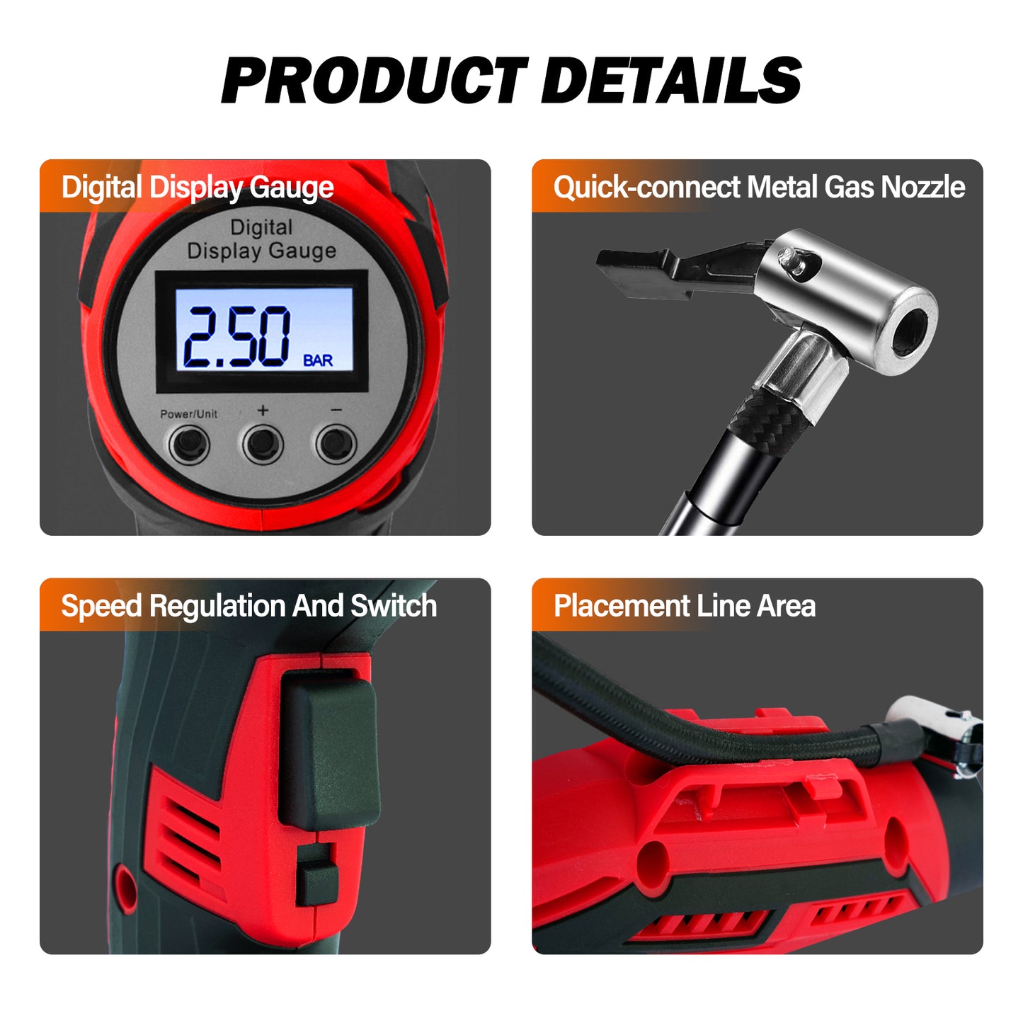 CATGOOD Cordless Tire Inflator, Handheld Air Compressor w/Digital Pressure Gauge, 150 Psi Air Pump for Car, Motorcycle, Bicycle, Balls, Red