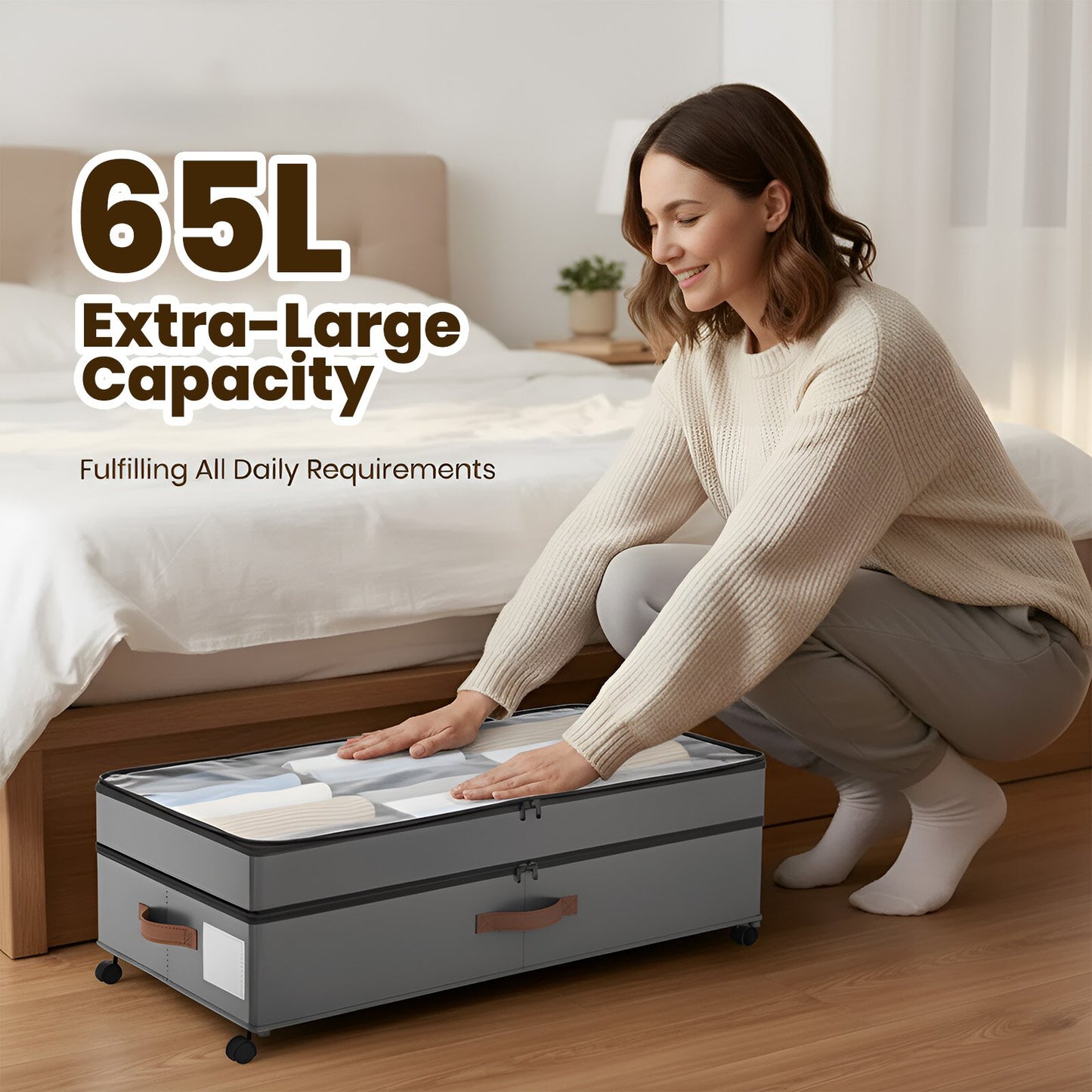 Under Bed Storage with Wheels 2-Pack, 65L XXL Under the Bed Storage Containers Large, 12" Tall Adjustable Storage for Underbed with Lids, Rolling for Shoes, Clothes, Blankets (Gray)