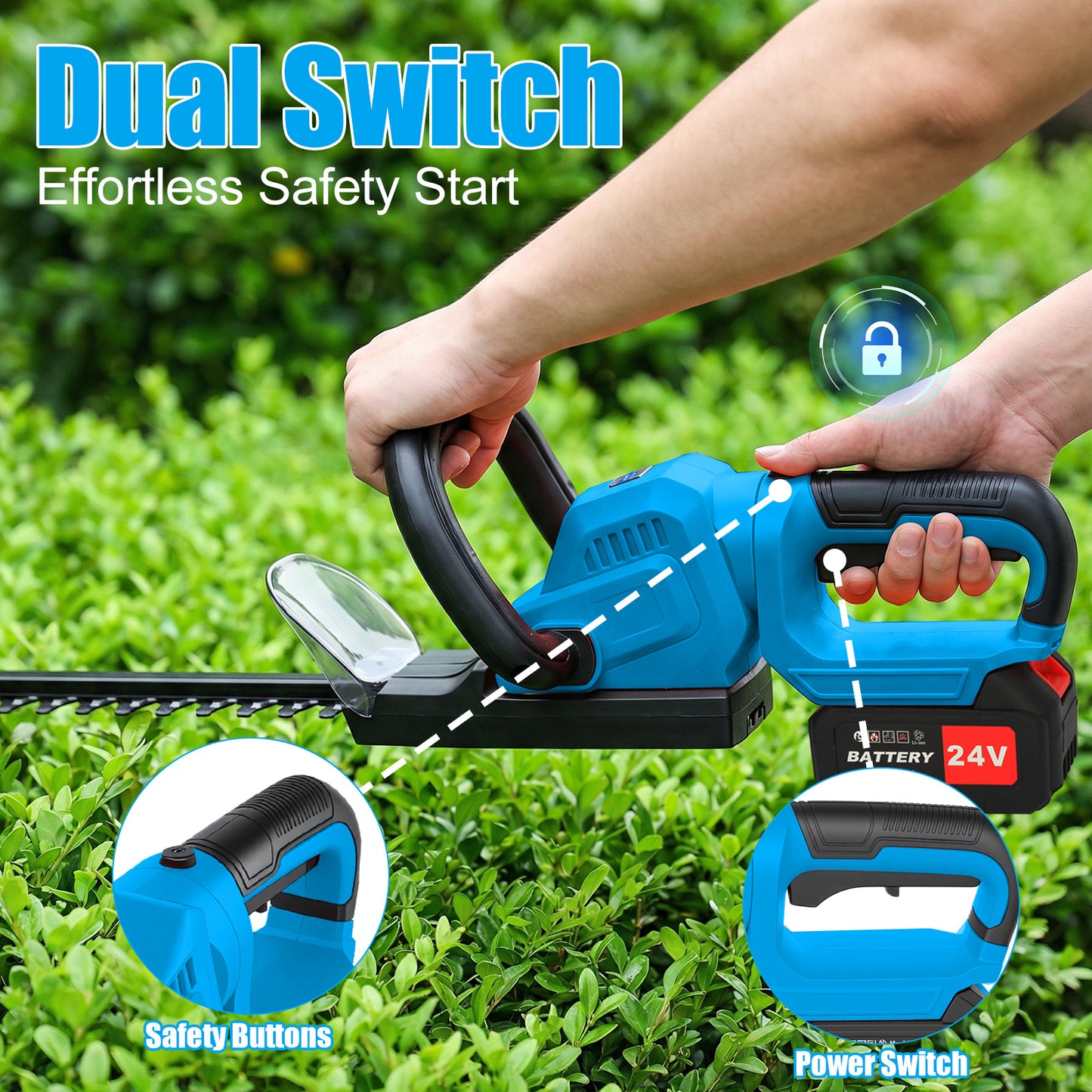 22" Cordless Hedge Trimmer with 180～ Rotatable Head, 21V Electric Bush Trimmer with 2 x 4000mAh Batteries, 1000W 24000r/min Motor, 66Mn Steel Blade for Garden Yard, Blue