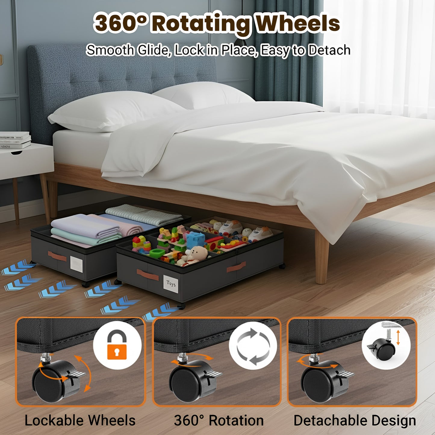 Under Bed Storage with Wheels, 2 Packs Large Underbed Organizer with Lid, 10'' Adjustable Height Shoes Containers Clothes Rolling Bin for Bedroom Dorm, Black