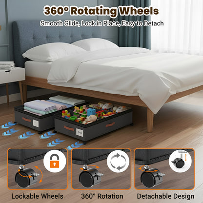 Under Bed Storage with Wheels, 2 Packs Large Underbed Organizer with Lid, 10'' Adjustable Height Shoes Containers Clothes Rolling Bin for Bedroom Dorm, Black