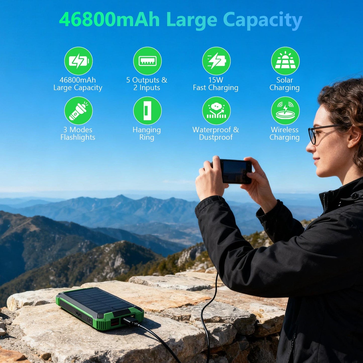 Power Bank Wireless Charger 46800mAh Built in 4 Cables Six Outputs 15W Fast Charging Power Bank for All Mobile Devices Three Inputs Solar Portable Charger with Dual Flashlights, Carabiner(Green)