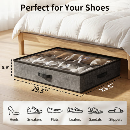 Under Bed Shoe Storage Organizer, 2 Pack Foldable Underbed Shoes Containers with Handle,Shoe Rack Organizer Total Fits 24 Pairs of Shoes, Gray