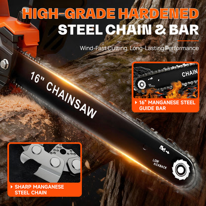 Brushless 16-Inch Chainsaw Cordless with 2×6.0Ah Batteries, Electric Chainsaw with 3 Chains, for Wood Cutting and Yard Work