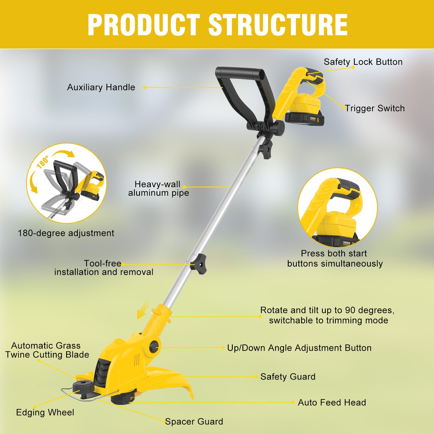 CATGOOD 21V Weed Eater Cordless, 4AH Electric Weed Wacker with 10 Pcs Lines, 3-in-1 Lawn Edger with Auto Line Feed, Foldable String Trimmer with Fast Charger, Yellow